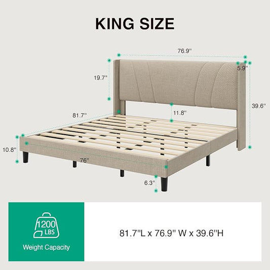 Novilla King Bed Frame, King Bed Frame with Headboard, Linen Upholstered Wing Side Headboard, No Box Spring Needed, Heavy Duty Feet, Easy Assembly, Beige