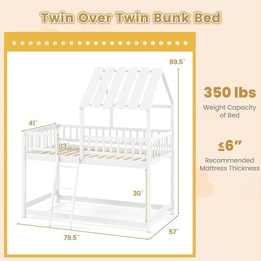 Giantex Twin Over Twin House Bunk Bed, Low Loft Bed Frame with Roof, Wood Bunk Bed with Ladder & Full-Length Guardrails, Twin Floor Bed for Kids Teens Boys Girls, No Box Spring Needed (White)