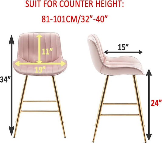 Sidanli Pink Bar Stools Set of 2, Velvet Counter Stools with Footrests, 24” Armless Counter Height Chairs for Bar, Kitchen, Living Room