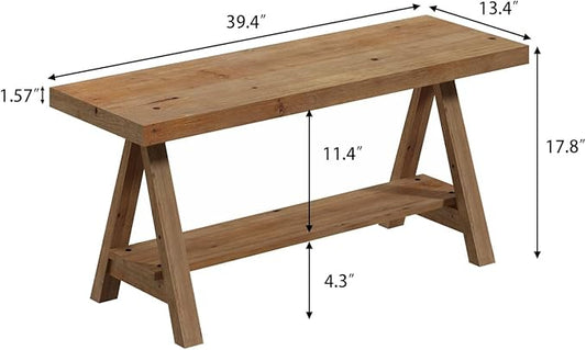 RowyPoey Solid Wood Bench, 39" Farmhouse Entryway Bench with Storage Shelf, Triangular Leg Design, Narrow Rustic Benches for Hallway, Bedroom, Dining, Kitchen, Easy Assembly