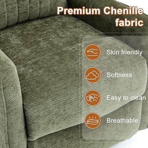 Manual Swivel Rocker Recliner Chair for Adults, Overstuffed Reclining Glider Chair for Nursing with Vibration Massage & Heat, Living Room Rocking Recliner 2-Stage backrest, Chenille Fabric Green