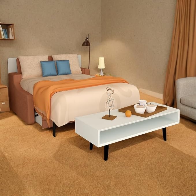 Full Size Murphy Bed Cabinet with Loveseat Sofa, White Hidden Beds,Wall Bedframe w/Orange Couch for Bedroom,Space-Saving, Noise Free