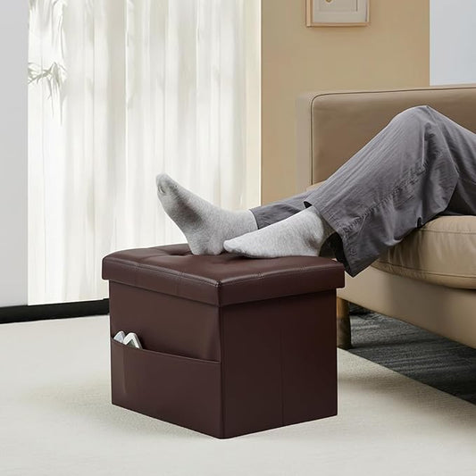 Bsketa Storage Ottoman Foot Rest Stool, Small Leather Storage Ottomans Bench, Folding Footstool with Side Pockets, Foot Rest Under Desk for Living Room Bedroom, 17x13x13 in, Brown