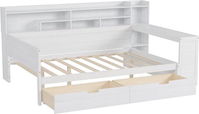 Merax Full Size Wood Daybed, Corner Bed Frame with Storage Shelves, 2 Drawers & Study Desk & Built-in Workspace, Multi-Functional Wooden Bed Space-Saving for Bedroom, Dorm, Guest Room, Antique White