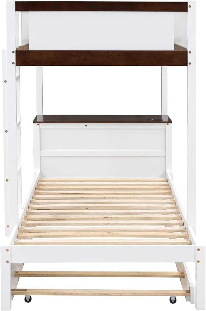 Ball & Cast Twin-Over-Twin Bunk Bed with Twin Size Trundle,Solid Wood Bedframe W/Desk & Drawers,USB,Space Saving,Easy Assembly,Multifunctional Bedroom Furniture Set for Boys Girls Teens,White+Walnut