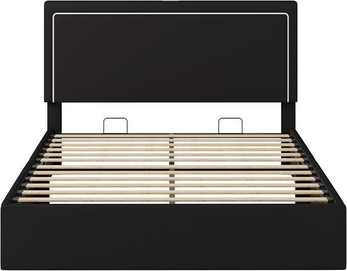 SHA CERLIN Full Size Hydraulic Lift-Up Storage Platform Bed Frame with Charging Station, RGB LED Lights, Adjustable Velvet Headboard, USB-A and USB-C Ports, No Box Spring Needed, Black