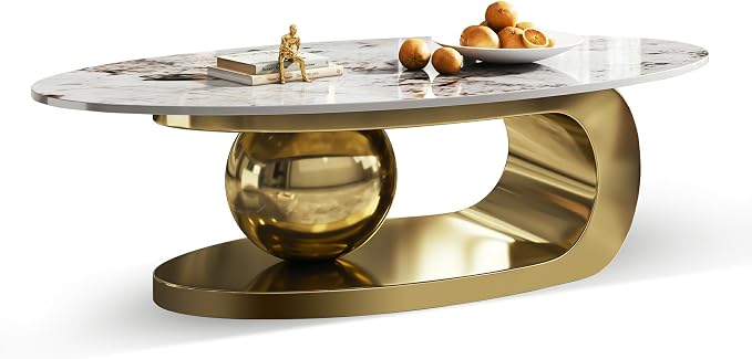 49.2" Modern Oval Marble Coffee Table – Gold Stainless Steel Base, Scratch-Resistant, Easy Assembly