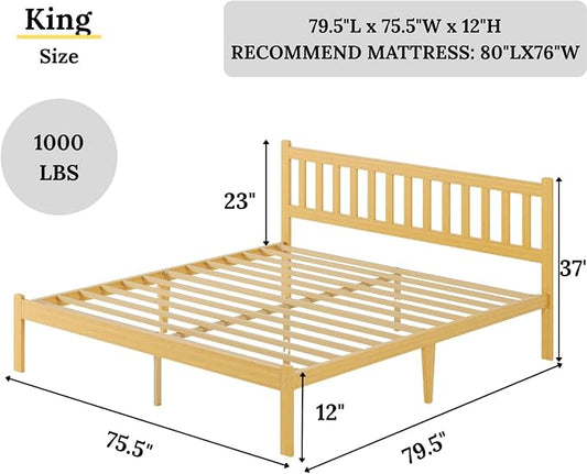 Askeld Wood King Bed Frame with Headboard, 12 Inch High Solid Bamboo Platform Bed No Box Spring Needed, Mid-Century Heavy Duty Bedframe, Easy Assembly, Noise Free