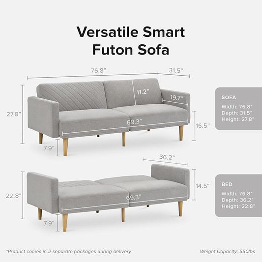 mopio 76.4" Futon Sofa Bed, Couch, Loveseat, Sleeper Sofa, Mid Century Modern Futon Couch, Sofa Cama, Couches for Living Room (Light Gray Fabric)