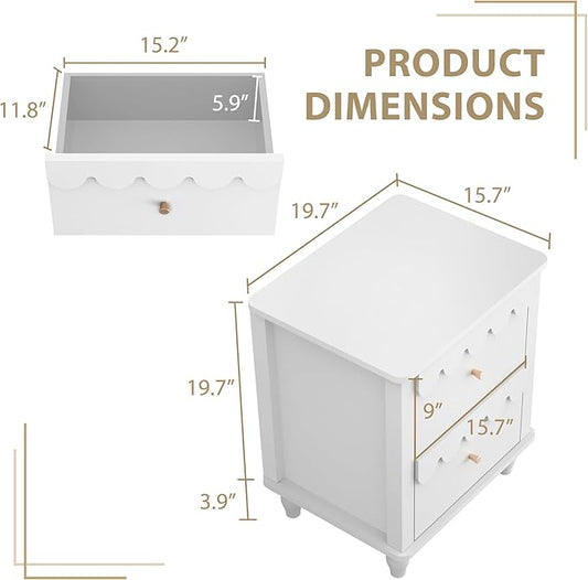 White Nightstand Side End Table with 2 Drawers, Modern Wood Night Stand with Petal Pattern for Bedroom, Scalloped Bedside Night Tables with Solid Wood Legs