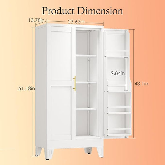 Black Kitchen Pantry Storage Cabinet, 48" Metal Storage Cabinet | Steel Storage with Doors and 3 Adjustable Shelves, Metal Freestanding Buffet Cupboards Sideboard, for Office, Home, School