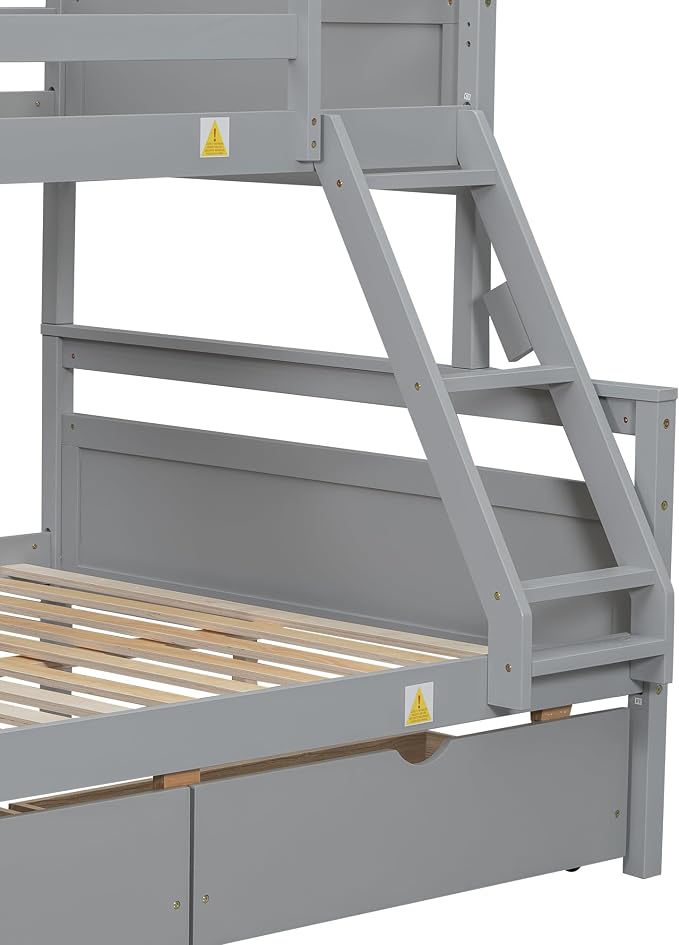 Merax Twin Over Full Bunk Bed with 2 Storage Drawers,Solid Wood Bunk Bed with Ladder and Safety Guardrail for Bedroom Kids Adults,Can be Separated into 2 Platform Beds,Gray