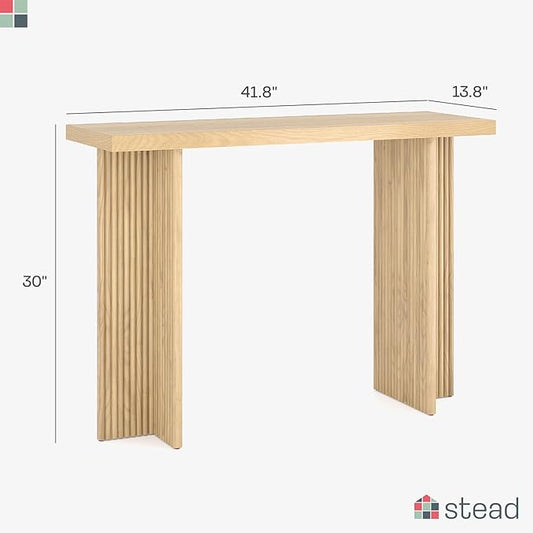 Stead Modern Console Table - Natural Oak, Fluted Solid Wood - Slim Entryway Table with Drawers & Curved Cross Base