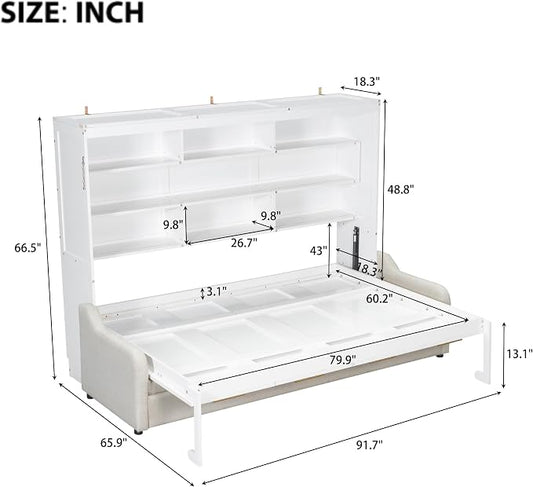 Queen Horizontal Murphy Bed with Sofa and Storage Shelves,LED Light,Solid Wood Space Saving Hideaway Murphy Wall Bed with Couch and Storage for Adults (Beige,Queen)