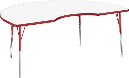 FDP Dry-Erase Kidney Activity School and Office Table (48 x 72 inch), Standard Legs with Swivel Glides for Collaborative Spaces, Adjustable Height 19-30 inches - Whiteboard Top, Red Edge and Red Legs