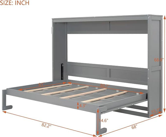 Ball & Cast Queen Size Murphy Bed,Hideaway Beds with Dual Piston Metal Folding Mechanism Designed,Wood Wall Cabinets Bedframe w/Slat Support and Storage Platform Top,Hardware Chain,for Apartment,Gray