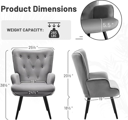 Furniliving Velvet Accent Chair for Living Room, Upholstered Reading Chair with High Backrest, Tufted-Button Wingback Armchair for Bedroom, Dressing Room, Home Office, Light Grey, Set of 2