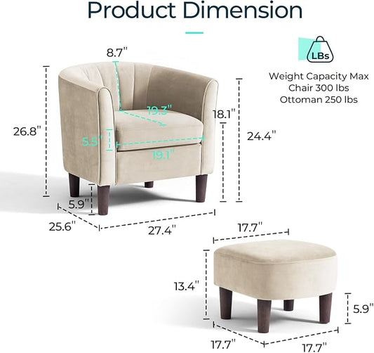 LINSY Accent Chair Set of 2, Velvet Barrel Chair with Ottoman, Modern Comfy Small Armchair for Small Spaces Reading Room Living Room Bedroom Kids Room Office, Beige