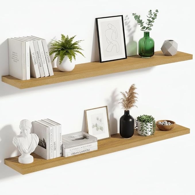 Vivelove 10" Deep Floating Shelves with Invisible Brackets, 47" Wall Shelves for Bathroom Bedroom Kitchen Living Room Laundry Room, Modern Rustic Shelves for Home Decor, 47.2"x10.2"x1.5"Set of 2, Oak