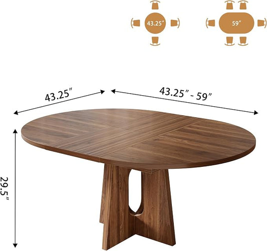 Epecoya 59-Inch Extendable Round to Oval Pedestal Dining Table, Farmhouse Wood Kitchen Table for 4-6 People, Space-Saving Expandable Dinner Table with Heavy Cross Base, Dark Brown Walnut