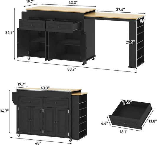 80"-48" Extendable Kitchen Island with Extended Dining Table and Power Outlet,Large Mobile Kitchen Storage Islands with 2 Storage Drawers,Rolling Islands Cart with 3 Extra Rows Open Shelves(Black)