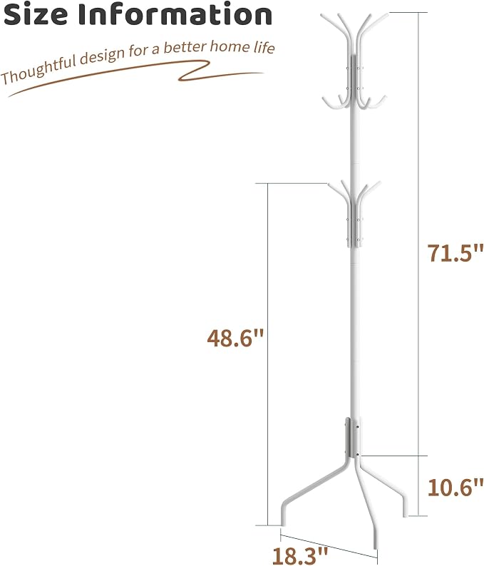 Coat Rack Freestanding Coat Tree Standing Hat Hanger Jacket Organizer Rack Metal,18.3" L x 18.3" W x 71.5" H,White