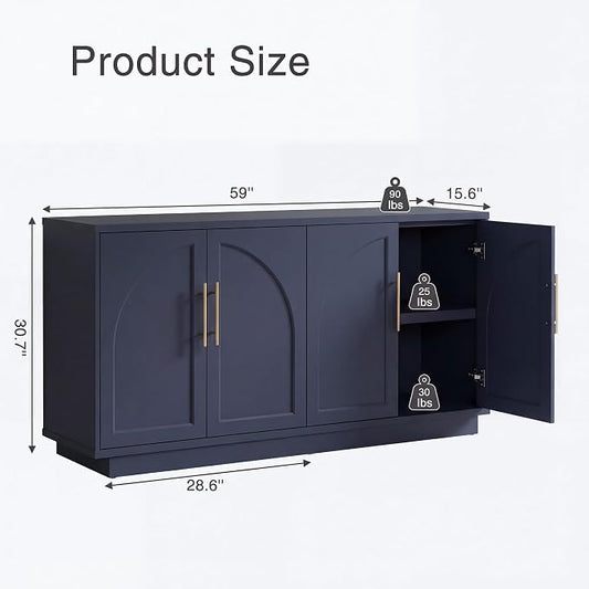 Fatmok Buffet Cabinet with Storage, 59'' Modern Arched Sideboard Cabinet w/Adjustable Shelves, Wood Media TV Console Table Credenza for Living Room Hallway Entryway, Dark Blue