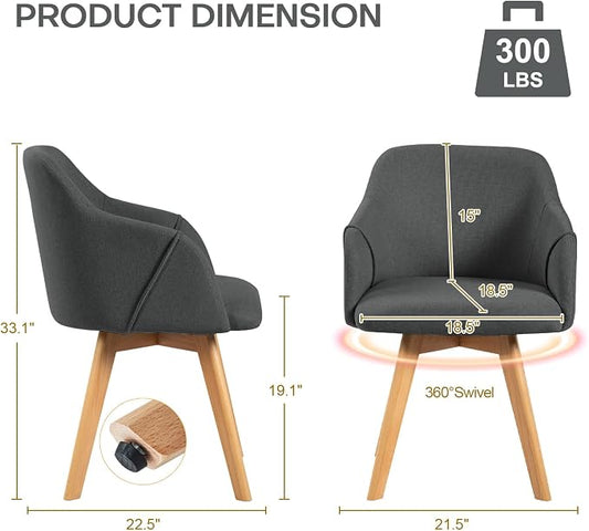 Swivel Dining Chairs Set of 4, Mid Century Modern Dining Chairs with Arms, Linen Fabric Upholstered Kitchen Dining Room Chairs with Solid Wood Legs for Living Room,360°Swivel Accent Desk Chair, Grey