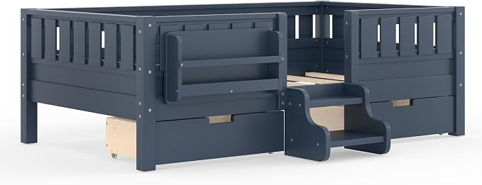 Bellemave Twin Floor Bed with Stairs, Rails and Slats, Twin Size Montessori Floor Bed with Bookshelf and 2 Storage Drawers, Easy Assemble Montessori Beds Frame for Girls, Boys, Blue