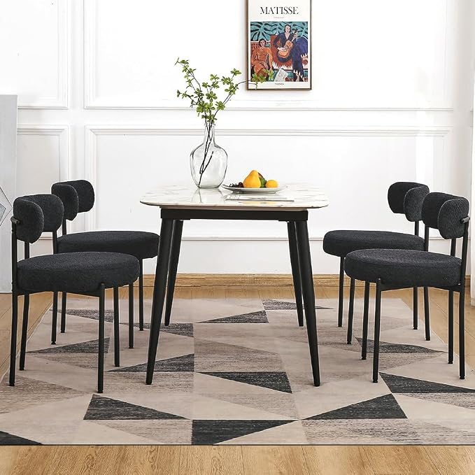 EDWELL Black Boucle Dining Chairs Set of 4, Mid Century Modern Dining Room Chairs with 3.94“ Cushions, Round Upholstered Kitchen Chairs with Black Metal Legs for Dining Chair, Living Room