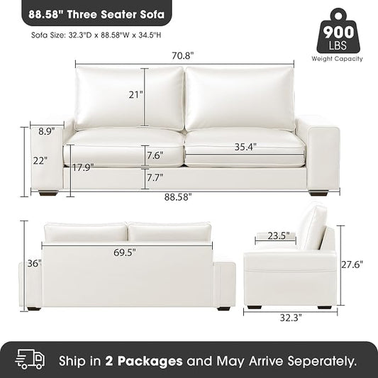 Valthie Faux Leather Couch, Mid Century Modern Comfy Loveseat Sofa with Wide Arm, Side Pockets, Solid Wooden Frame for Office, Living Room and Bedroom, 3 Seater (White, 88.58 inches)