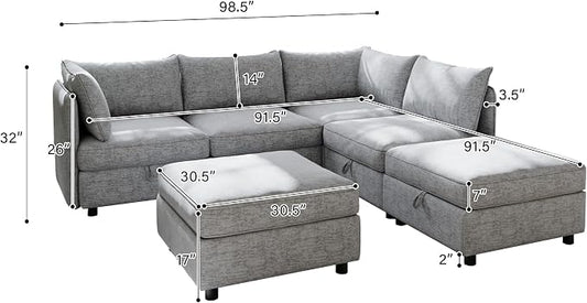 129-Inch U-Shaped 6 Seat Modular Sofa Deep Seat Storage Sectional Sofa Couch Free Combination with Movable Ottomans ,6 Seat Chenille Upholstered U-Shaped Convertible Sleeper Couch for Home Apartment | Space Saving