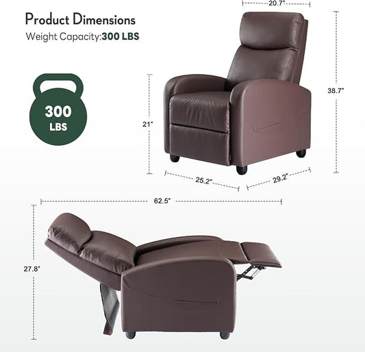 Recliner Chair, Recliner Sofa PU Leather for Adults, Recliners Home Theater Seating with Lumbar Support, Reclining Sofa Chair for Living Room, Brown