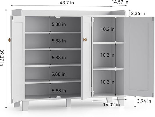 Shoe Storage Cabinet with 3 Doors and Adjustable Shelves,40 Inch Tall Farmhouse Flat-Shelf Wooden Shoe Cabinet,Shoe Rack Shoe Organizer Cabinet for Hallway Entryway Living Room (White)