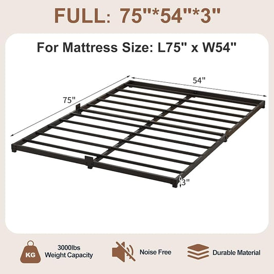 3 Inch Low Profile Full Size Bed Frame, Noise-Free Heavy Duty Metal Platform with Mattress Stopper, No Box Spring Needed, Easy Assembly Steel Support, Black