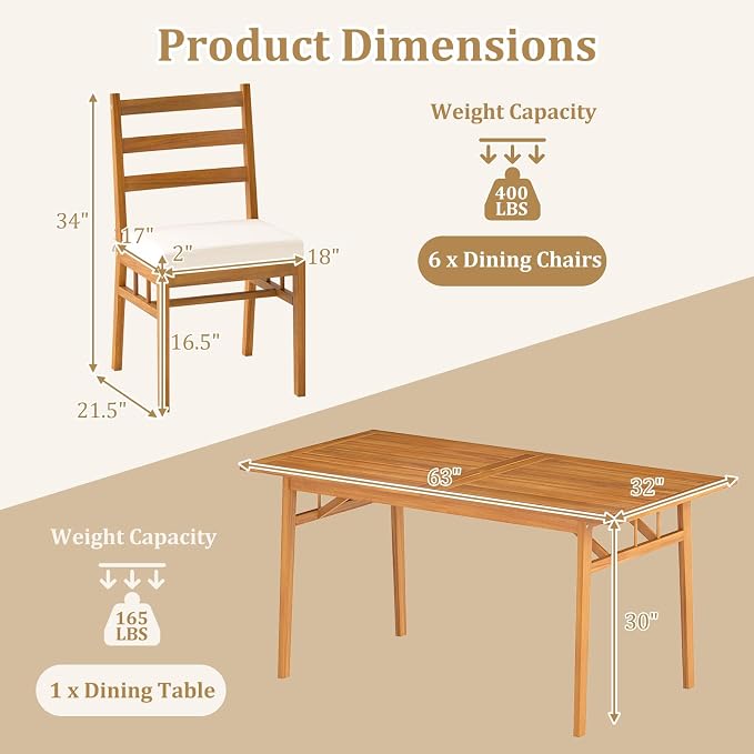 Tangkula 7 Pieces Patio Acacia Wood Dining Set, Outdoor Heavy Duty Rectangular Table with 1.97” Umbrella Hole and 6 Cushioned Chairs, for Deck, Garden and Backyard