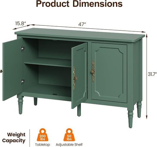 FansaFurn 3-Door Storage Cabinet Set of 2 with Adjustable Shelves, Accent Sideboard Cabinet with Turned Legs, Wood Pantry Cabinet, Buffet Cabinet for Entryway, Living Room, Dining Room, Green