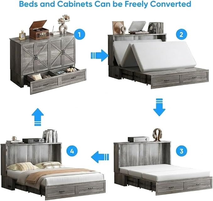 PUREMIND Queen Murphy Bed Cabinet, Bedroom Cabinet Beds with USB Charging Station, Murphy Chest Bed with Storage Drawers, Horizontal Wallbed for Guest Room Grey
