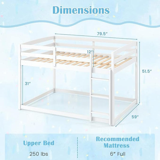 Giantex Full Over Full Bunk Bed, Solid Wood Kids Bunk Bed with Full-Length Guardrails, Integrated Ladder & Anti-Tippling Kits, Low Bunk Beds for Kids, No Box Spring Needed, White