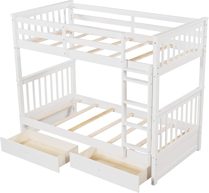 Merax Wood Bunk Bed with Drawers,Convertible Bunk Bed with Ladders and Two Storage Drawers,Solid Wood Detachable Bed Frame with Ladders,Twin Over Twin Size,White