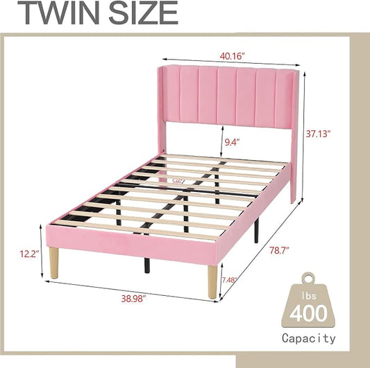 AGARTT Upholstered Platform Bed Frame Twin Size with Headboard and Footboard/Wooden Slats Support/No Box Spring Needed/Easy Assembly,Pink Velvet