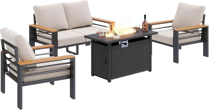 Aoxun Patio Furniture Set, Aluminum Patio Set with Fire Pit Table and 5" Thicken & Washable Cushion, Waterproof Outdoor Furniture, Outdoor Couch Sectional for Backyard (4 Seats/F, Grey)