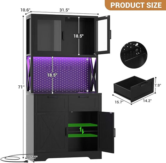 Unikito 71" Pantry Cabinet with LED Light & Outlet, Tall Kitchen Pantry Storage Cabinet with Microwave Stand, DIY Pegboard, Drawers and Adjustable shelf, Farmhouse Kitchen Hutch for Dining Room, Black