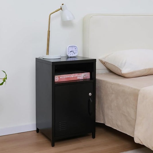 ALBAD Compact Metal Nightstand with Lockable Cabinet and Open Shelf, Modern Bedside Table, Versatile Side Table for Bedroom, Living Room, or Office (Black, 26" H-Lockable Door)