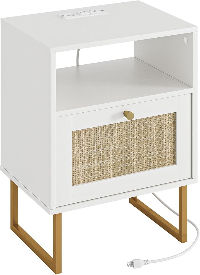 Masupu Rattan Nightstand with Charging Station,Modern Boho Farmhouse Wood Bedside Table with Storage Drawer and Open Shelf,Small Gold Frame Side End Table for Bedroom,Living Room,Office White