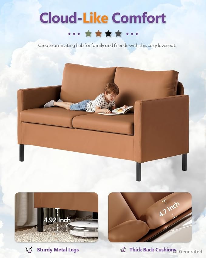TYBOATLE Modern Faux Leather Small Couches for Small Spaces, Comfy Upholstered Brown Love Seat for Dorm, 2 Seater Mini Couch for Bedroom, Apartment, Office, Brown