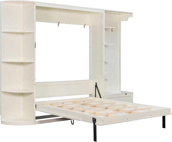 Murphy Bed Queen Size,Murphy Bed with Storage & Lights,Wall Bedframe w/Hidden Fold-Out Legs & Built-in Shelves & Cabinets,Hook,Space-Saving,White