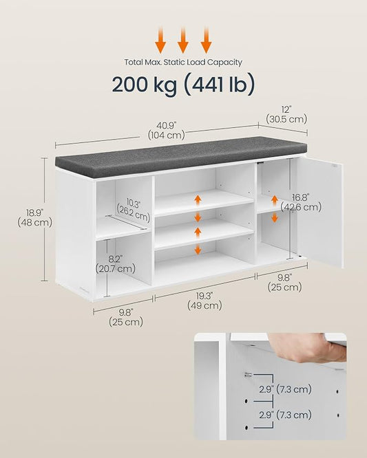 SONGMICS HOME Storage Bench, Snapsemble Superfast Assembly, 41" Wide Entryway Shoe Cubby Bench with Cushion & Adjustable Shelves, Window Shoe Rack Cabinet, Snow White and Slate Gray ULHS391WE02S