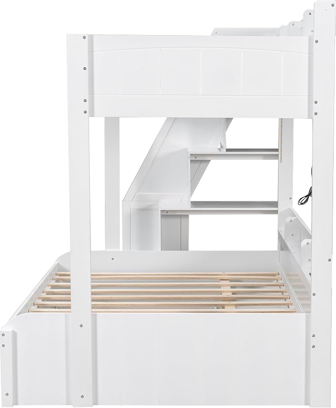 RUNNA Twin Over Full Bunk Bed with Trundle,Storage Stairs,USB,White | Twin over full bunk bed with trundle, storage stairs, shelves, USB, solid pine wood, guardrails, no box spring needed