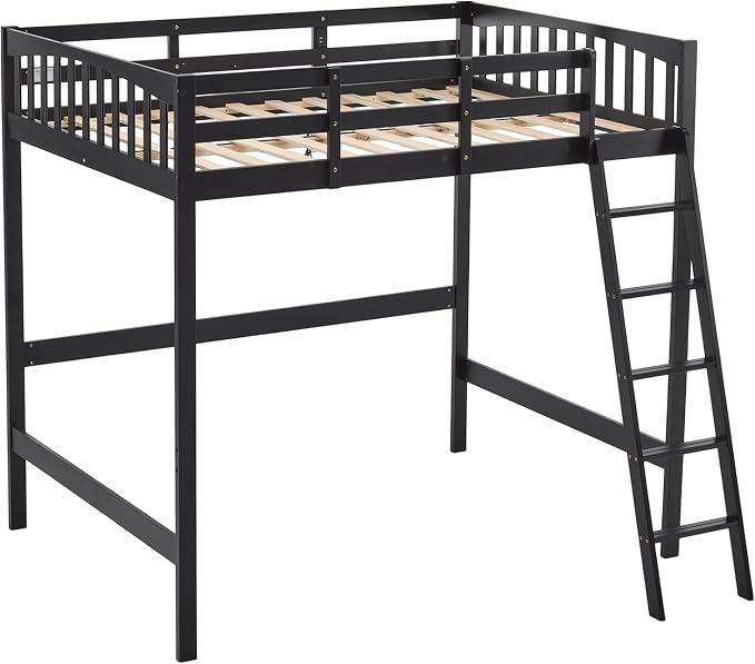 VINGLI Loft Bed Full Size with 15 inches Guardrail/USB Charging Station/LED, Solid Wood Double High Sleeper with Flat Rungs for Kids/Teens/Adults,No Box Spring Needed, Black